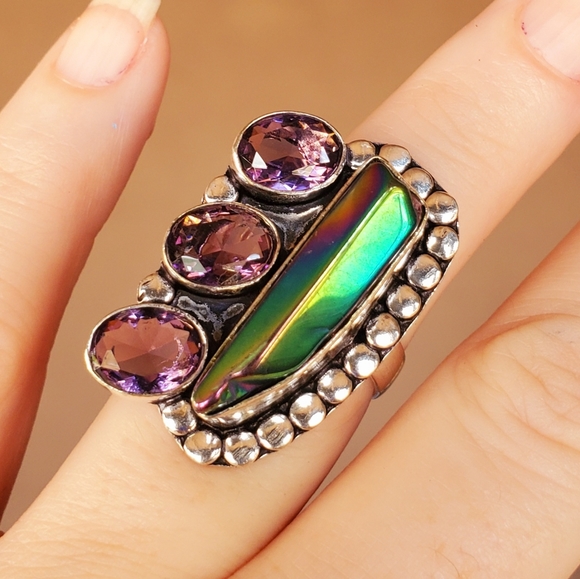 New Rainbow Hematite and Amethyst 925 Silver Ring. - Picture 12 of 16
